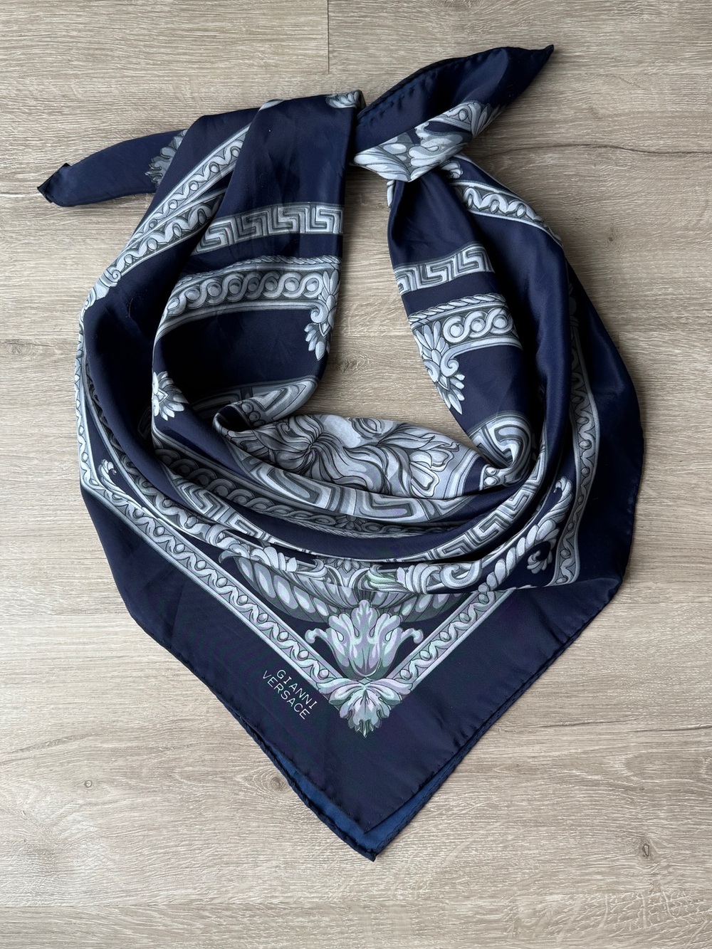 Versace Medusa Baroque Vintage Silk Scarf Early 90s 33" Blue White
Handrolled